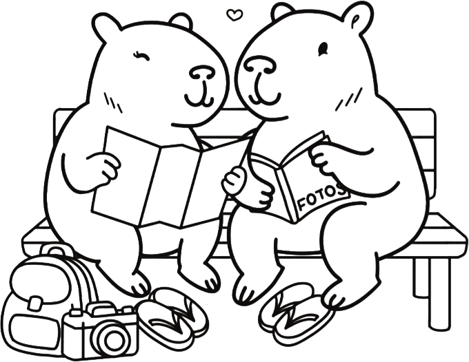 Ilustração: o casal de capivaras sentado num banco, com mapa, álbum de fotos, mochila e câmera