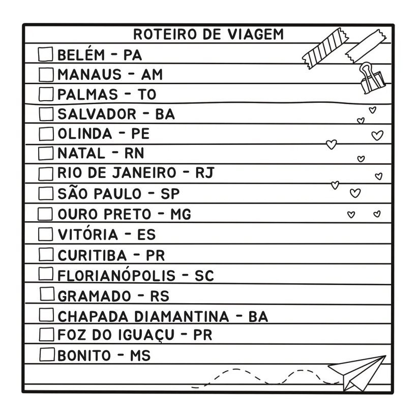 Página do livro: lista Roteiro de viagem com cidades de Belém a Bonito e caixinhas para marcar