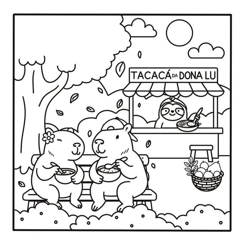 Página para colorir: as capivaras sentadas num banco tomam tacacá diante da barraca da Dona Lu