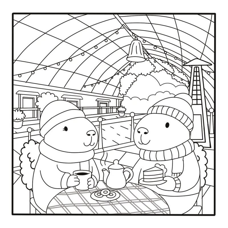 Página para colorir: o casal de capivaras, de gorro e cachecol, toma chá com bolo sob uma cúpula de vidro